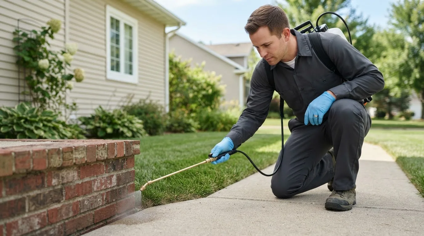 Pest control technician treating a home near Bradford, NH